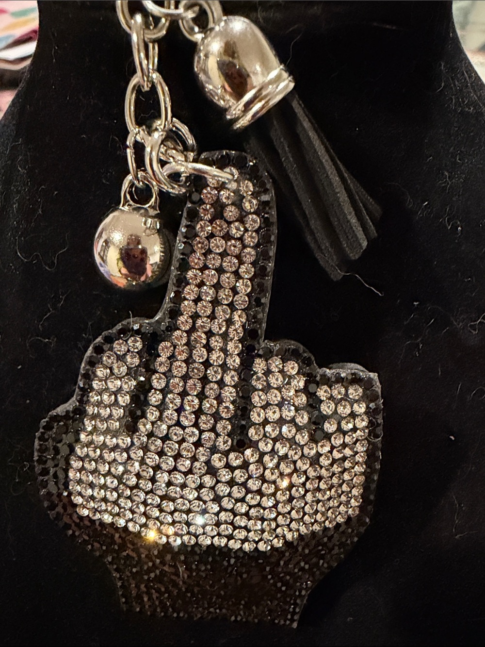 Crystal Studded Black Middle Finger Keychain with Tassel